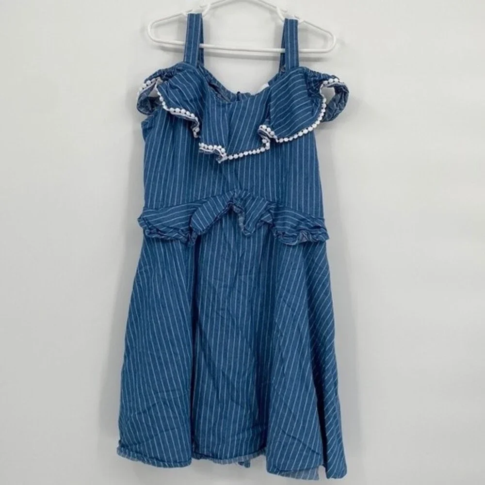 BCBGirls Stripes Off-The-Shoulder Ruffle Trim Summer Dress Blue Size M 10/12